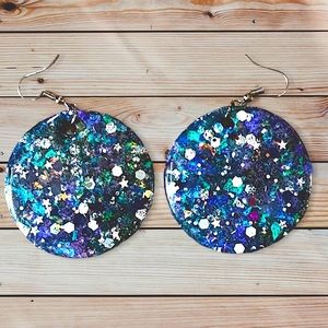 Wood, Hand painted, glitter resin earrings